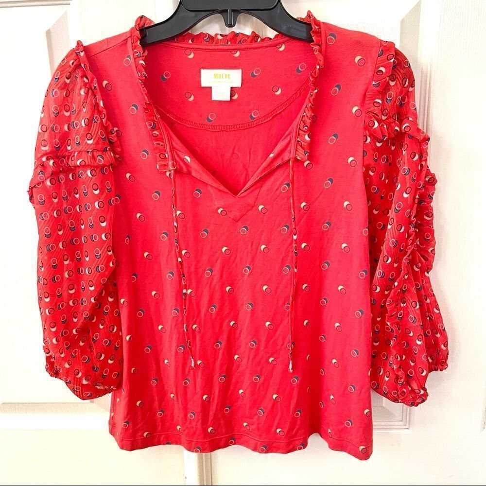 Maeve Anthropologie orange tie front ruffle trim 3/4 sleeve top